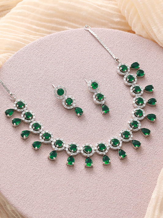 Green Halo Drop American Diamond Silver-Plated Jewellery Set
