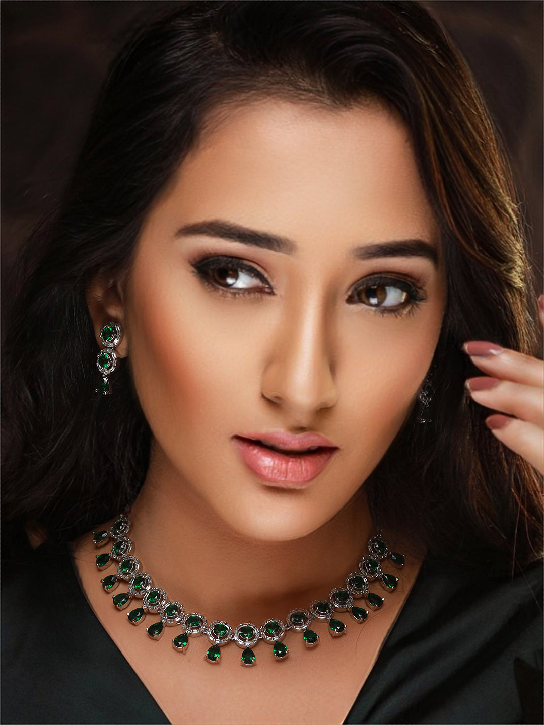 Green Halo Drop American Diamond Silver-Plated Jewellery Set