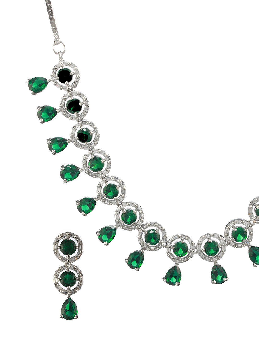 Green Halo Drop American Diamond Silver-Plated Jewellery Set