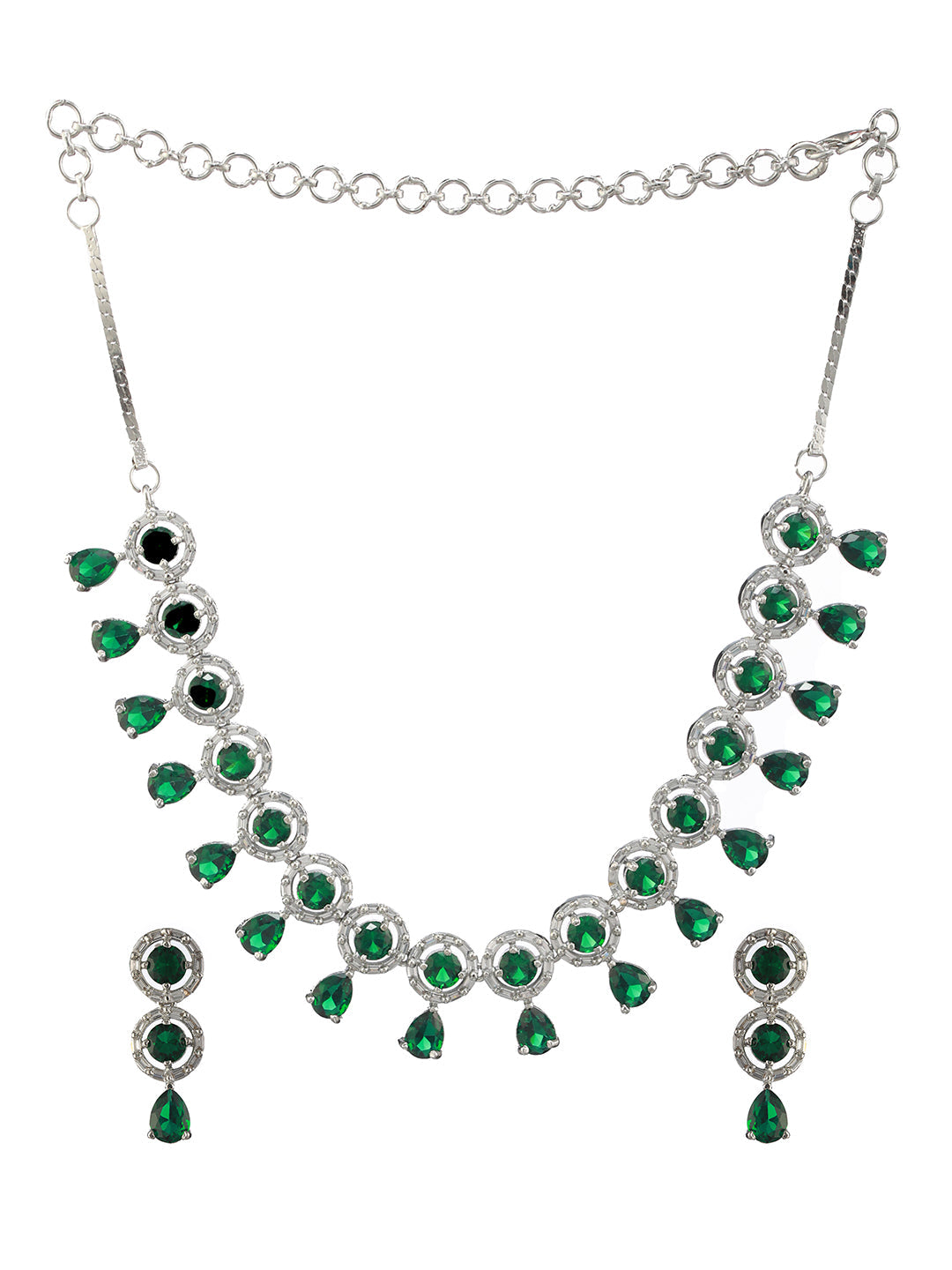 Green Halo Drop American Diamond Silver-Plated Jewellery Set