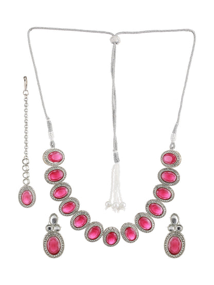 Priyaasi Ruby Oval AD Studded Silver-Plated Jewellery Set with Maangtikka
