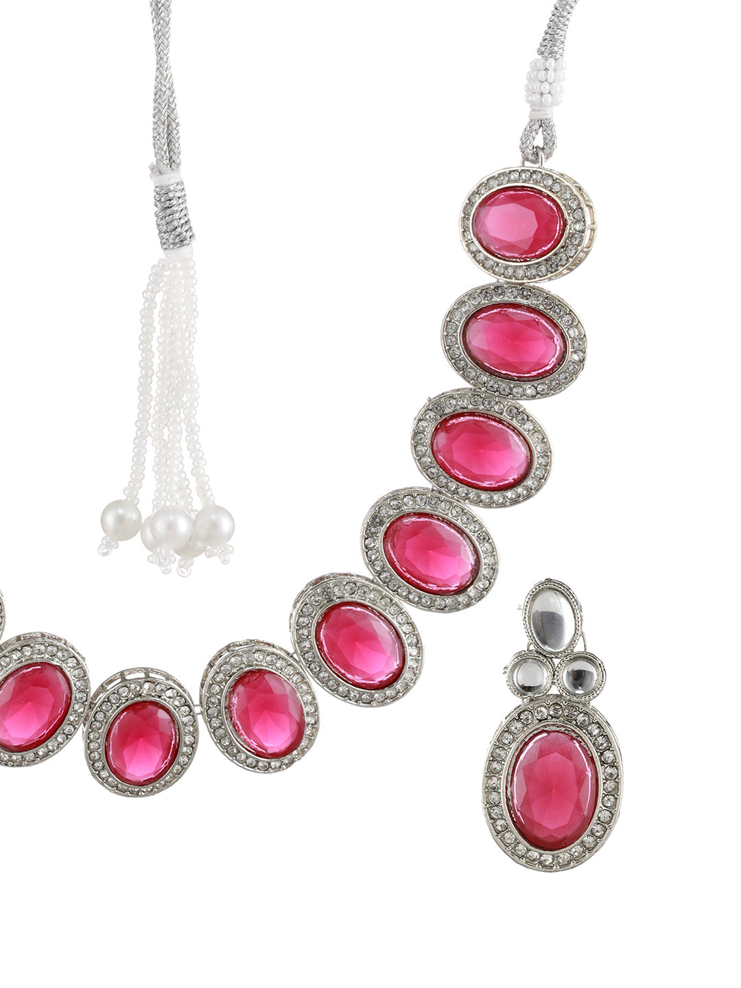 Priyaasi Ruby Oval AD Studded Silver-Plated Jewellery Set with Maangtikka