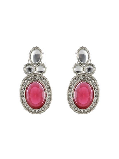 Priyaasi Ruby Oval AD Studded Silver-Plated Jewellery Set with Maangtikka