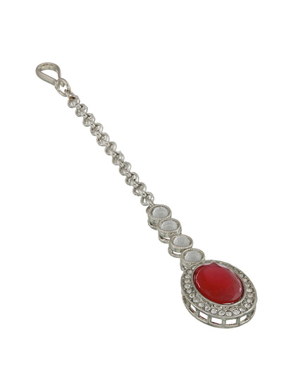 Priyaasi Ruby Oval AD Studded Silver-Plated Jewellery Set with Maangtikka