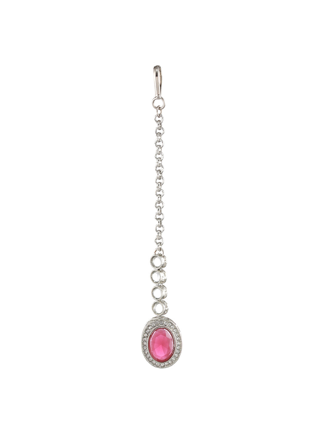 Priyaasi Ruby Oval AD Studded Silver-Plated Jewellery Set with Maangtikka