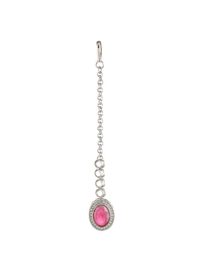 Priyaasi Ruby Oval AD Studded Silver-Plated Jewellery Set with Maangtikka