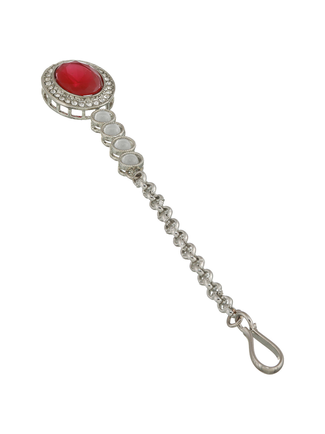 Priyaasi Ruby Oval AD Studded Silver-Plated Jewellery Set with Maangtikka
