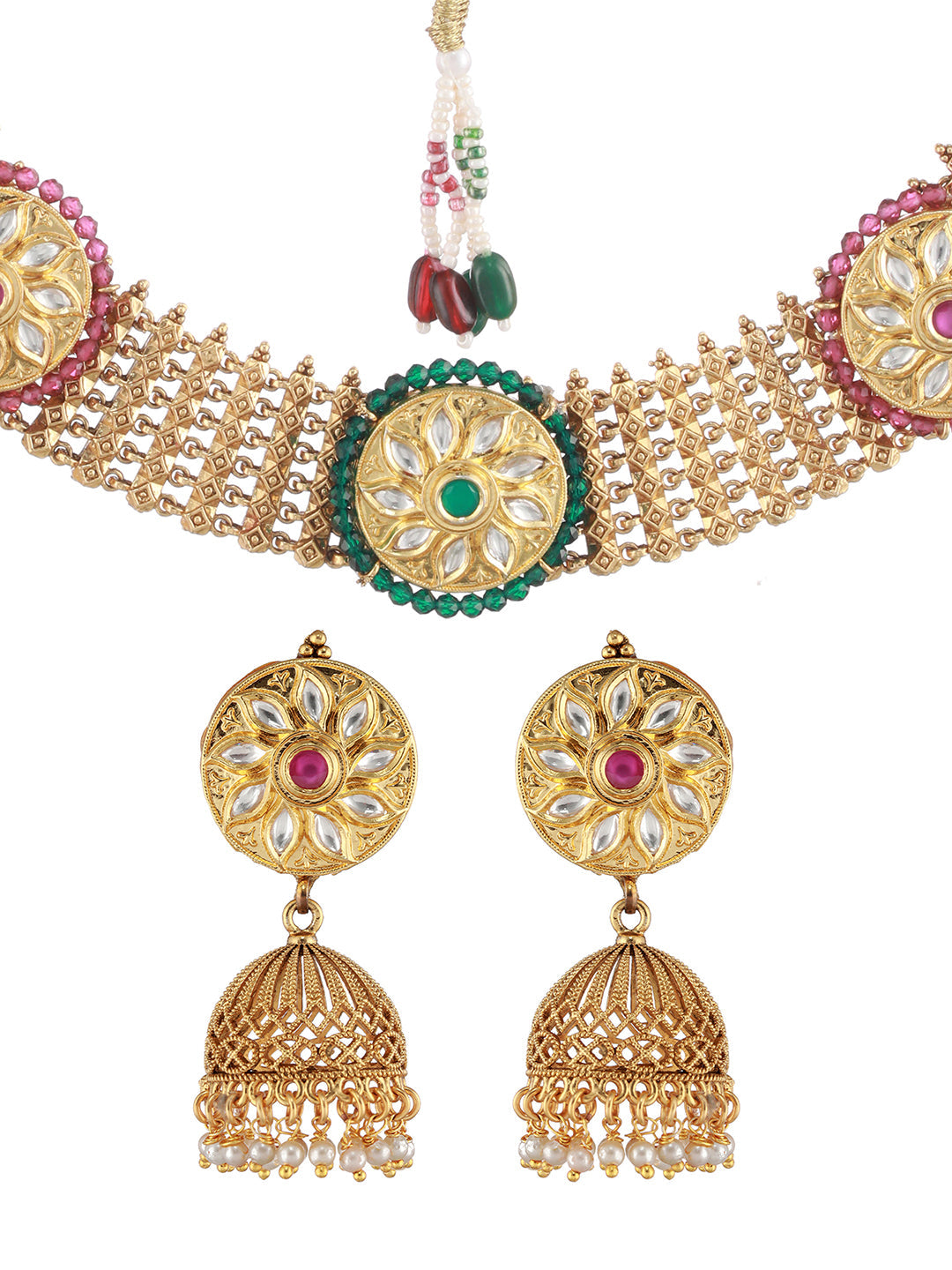 Priyaasi Round Floral Stone Studded Gold-Plated Jewellery Set