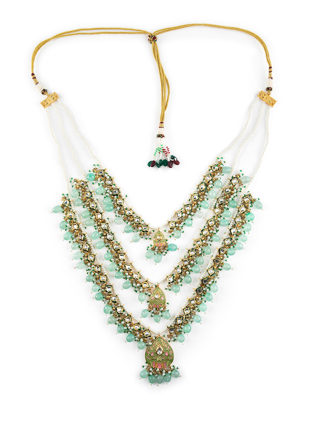 Priyaasi Sea Green Studded Buds Beaded Multilayer Gold-Plated Jewellery Set
