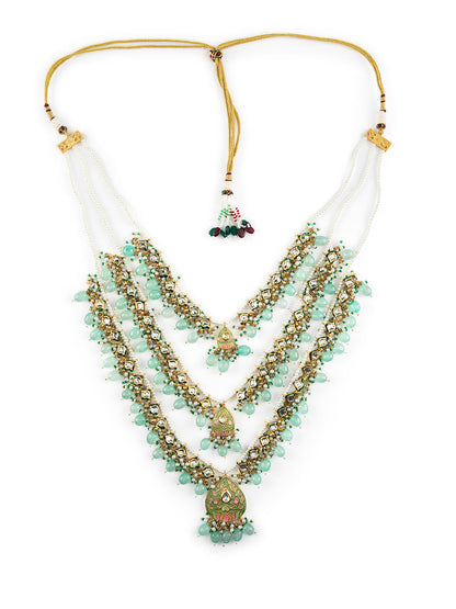Priyaasi Sea Green Studded Buds Beaded Multilayer Gold-Plated Jewellery Set