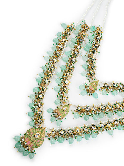 Priyaasi Sea Green Studded Buds Beaded Multilayer Gold-Plated Jewellery Set