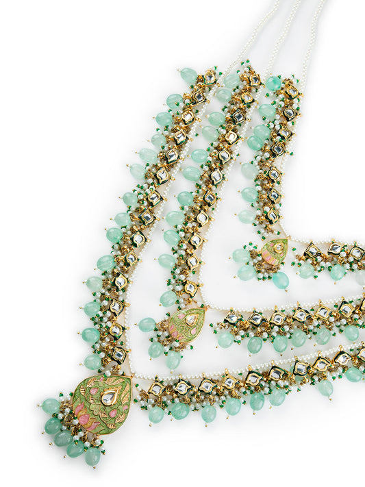 Priyaasi Sea Green Studded Buds Beaded Multilayer Gold-Plated Jewellery Set