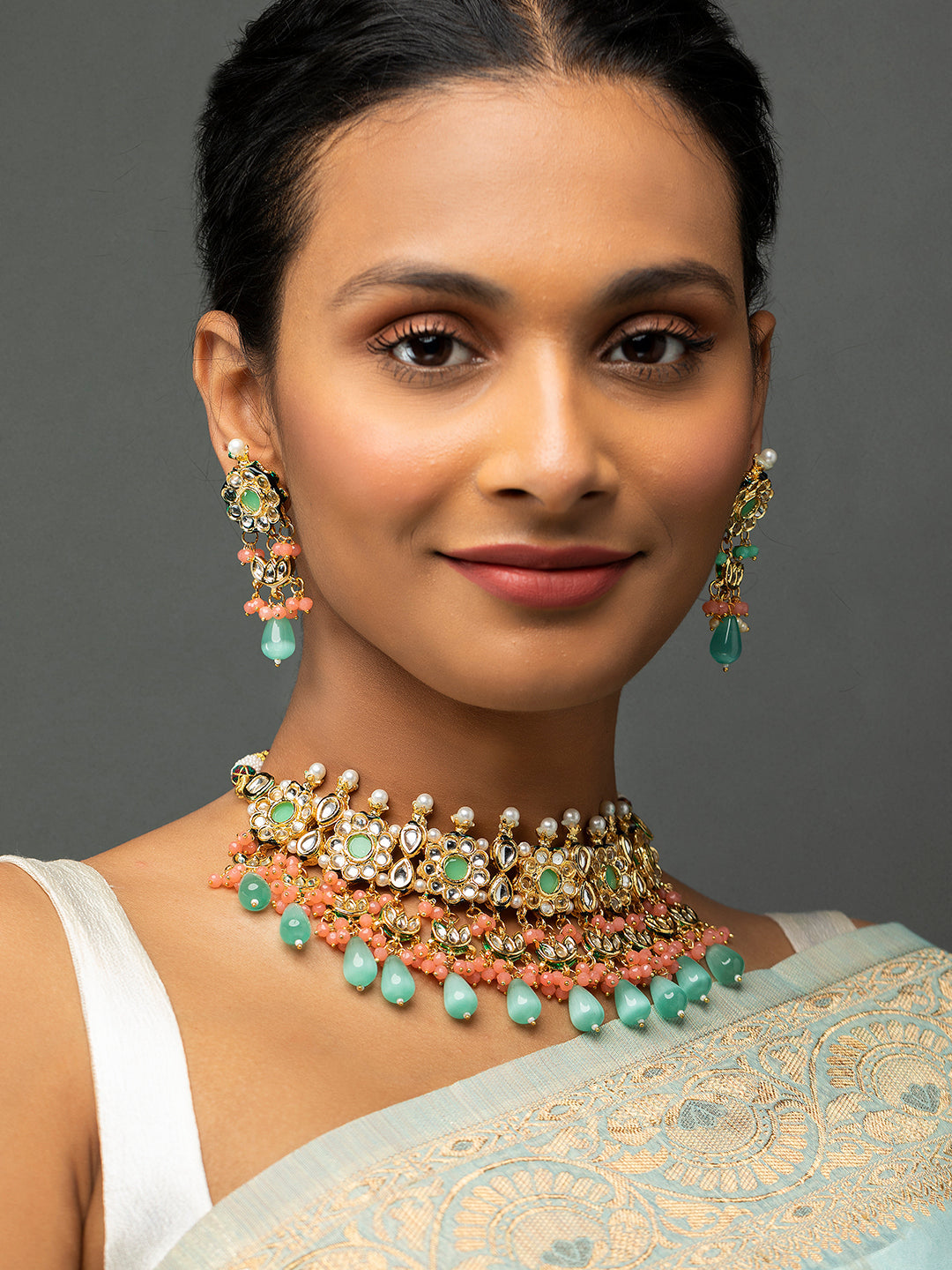 Priyaasi Sea Green Floral Kundan Peach Pearl Gold-Plated Choker Jewellery Set