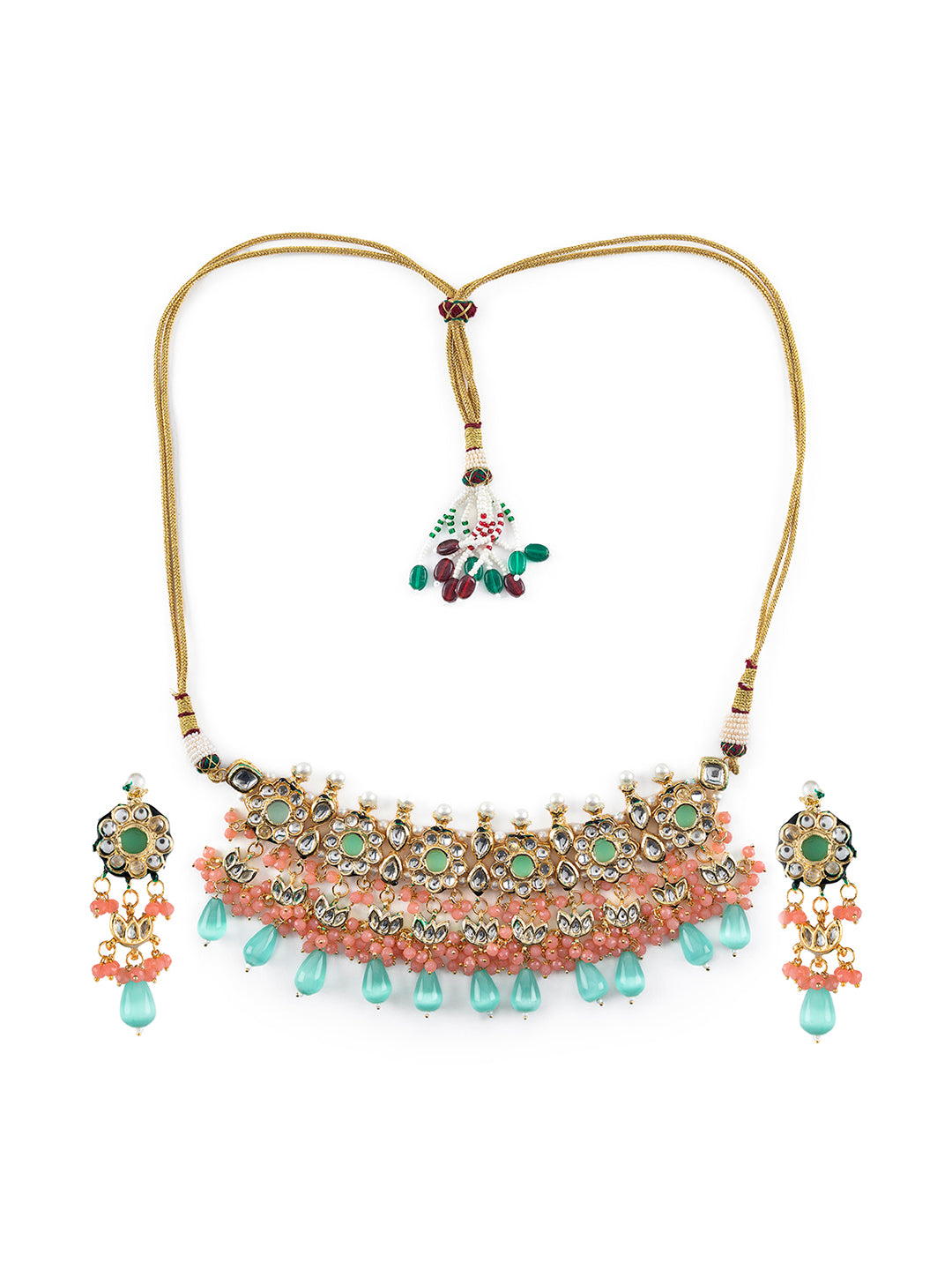 Priyaasi Sea Green Floral Kundan Peach Pearl Gold-Plated Choker Jewellery Set