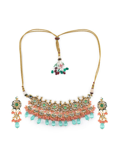 Priyaasi Sea Green Floral Kundan Peach Pearl Gold-Plated Choker Jewellery Set