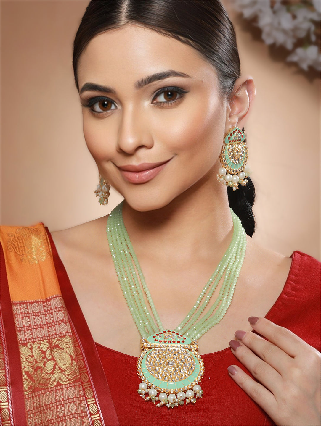 Mint Green Beaded Kundan Meenakari Gold-Plated Maharani Jewellery Set
