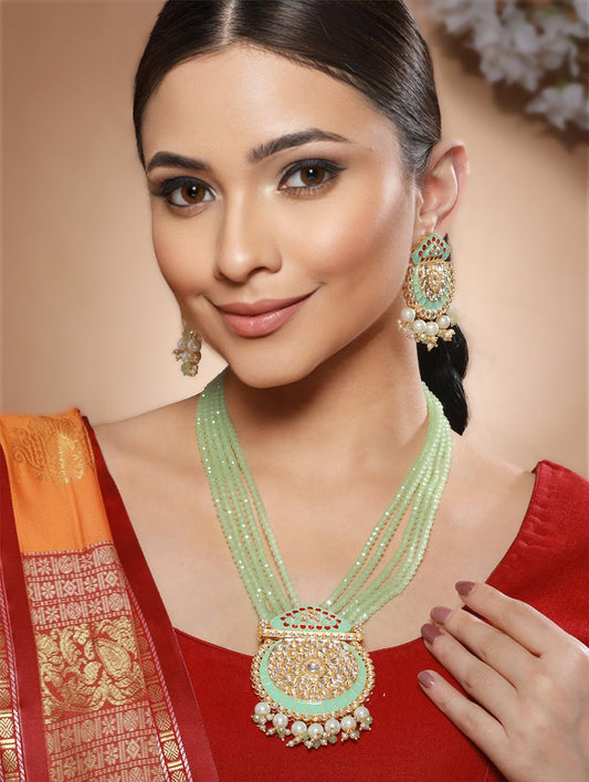 Mint Green Beaded Kundan Meenakari Gold-Plated Maharani Jewellery Set
