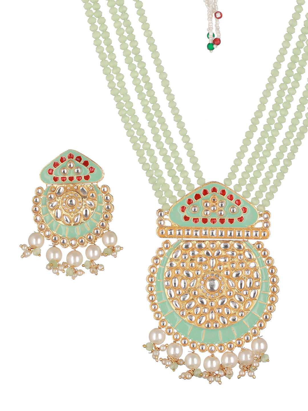 Mint Green Beaded Kundan Meenakari Gold-Plated Maharani Jewellery Set