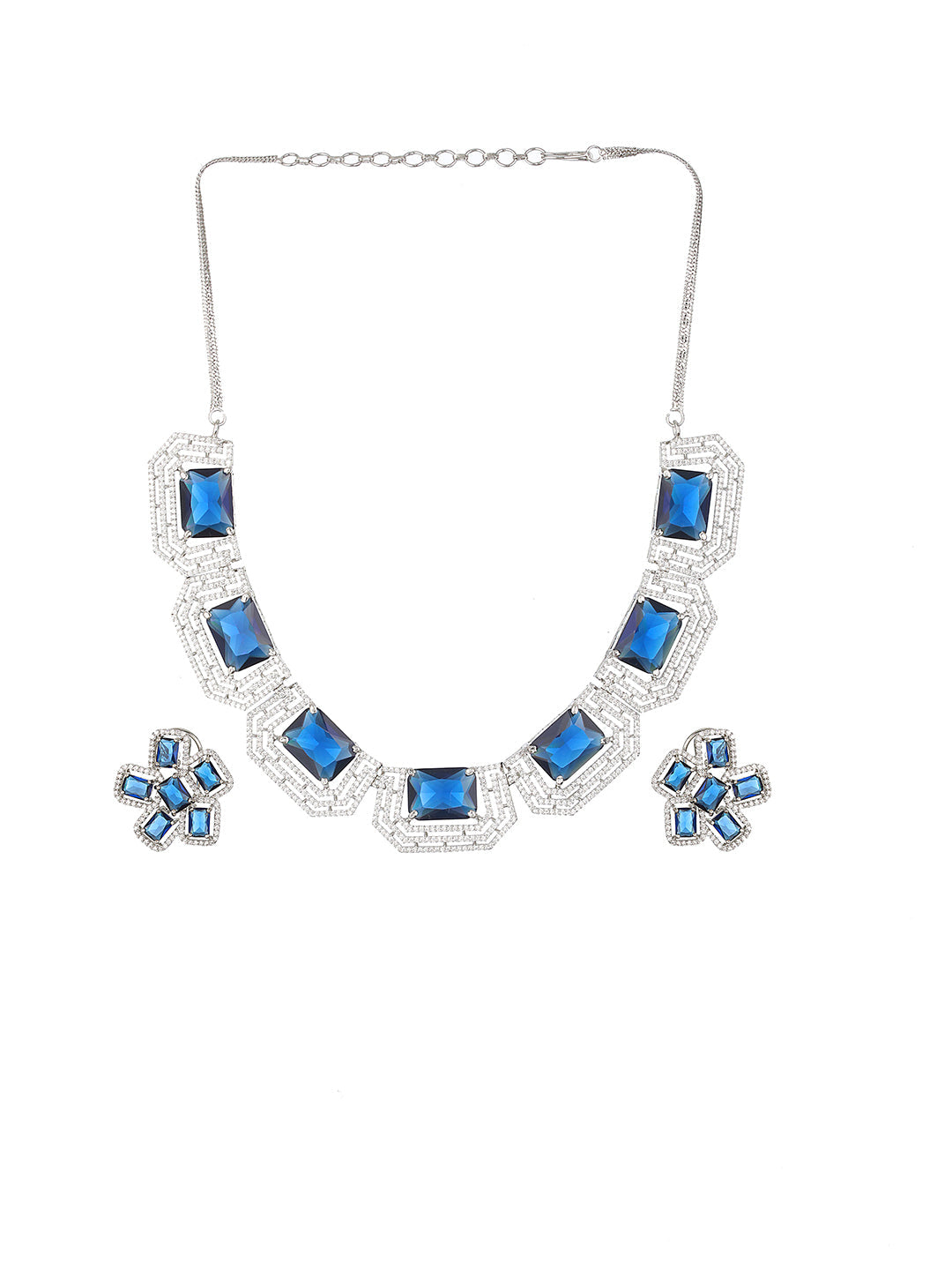 Blue Block Flower American Diamond Silver-Plated Jewellery Set