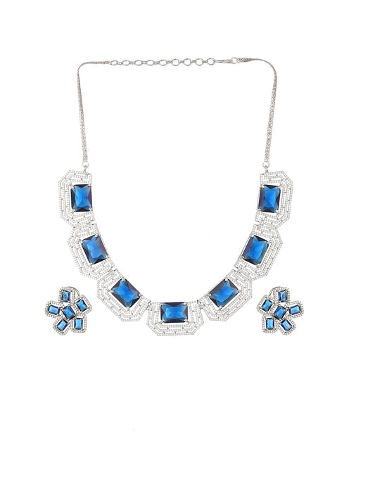 Blue Block Flower American Diamond Silver-Plated Jewellery Set