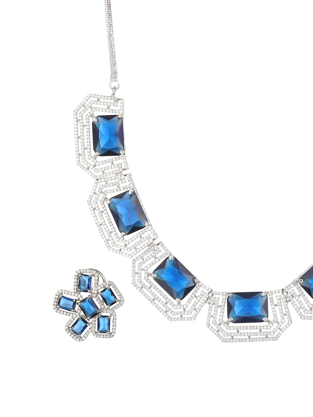 Blue Block Flower American Diamond Silver-Plated Jewellery Set