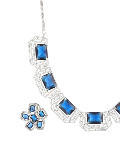 Blue Block Flower American Diamond Silver-Plated Jewellery Set