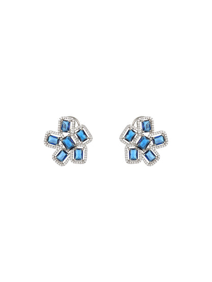 Blue Block Flower American Diamond Silver-Plated Jewellery Set