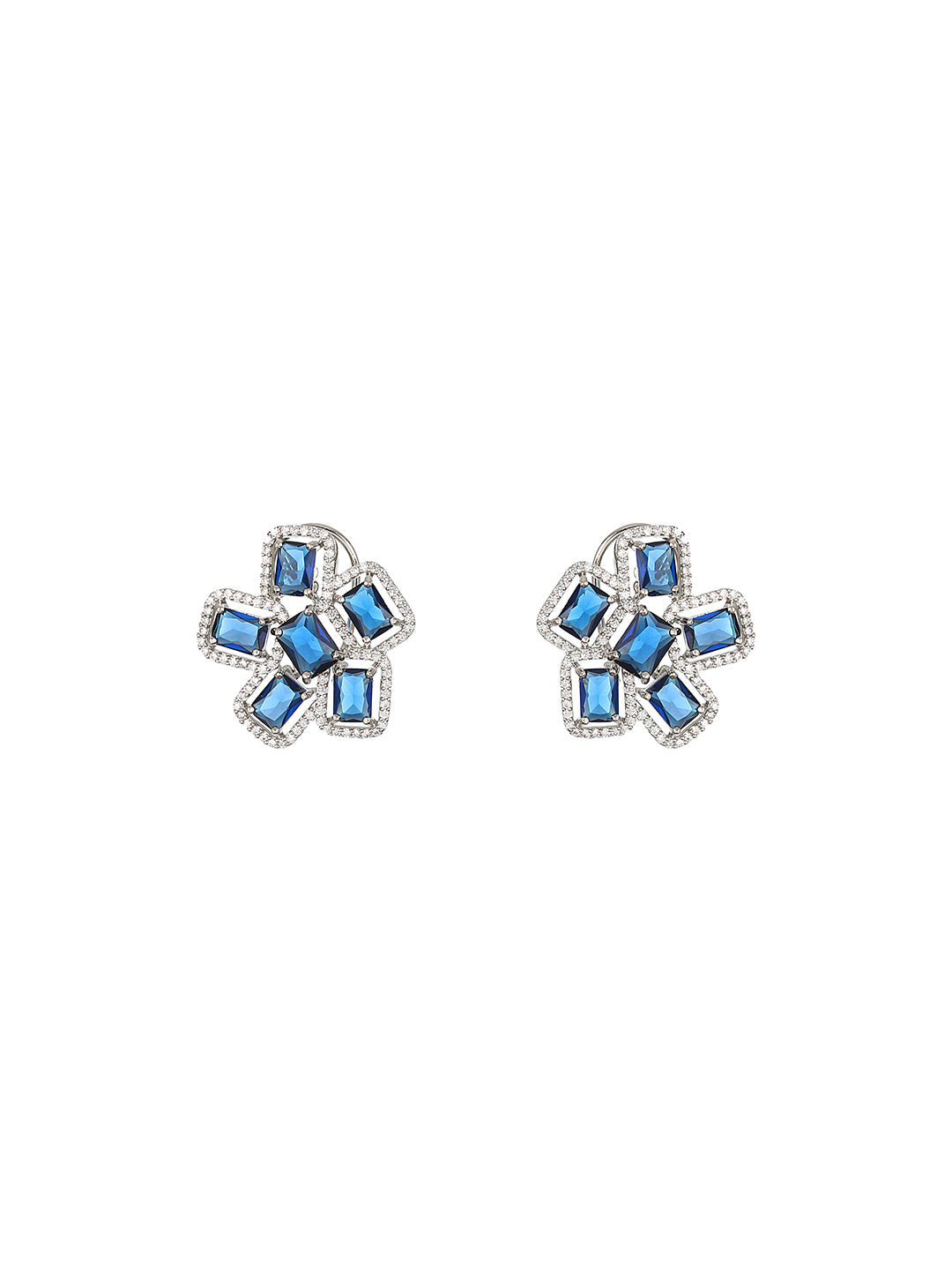 Blue Block Flower American Diamond Silver-Plated Jewellery Set