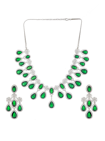 Emerald Floral Drops American Diamond Silver-Plated Jewellery Set