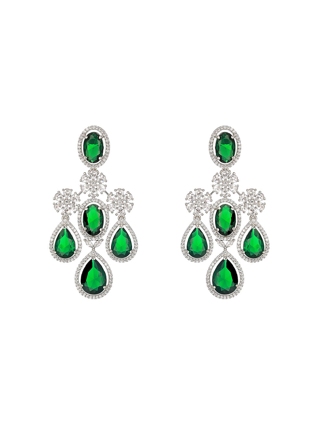 Emerald Floral Drops American Diamond Silver-Plated Jewellery Set
