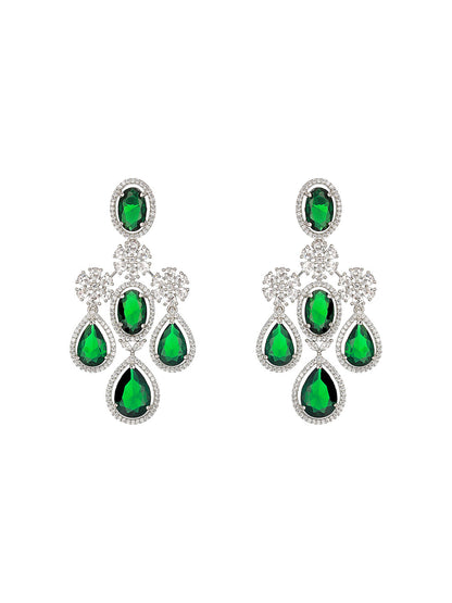 Emerald Floral Drops American Diamond Silver-Plated Jewellery Set