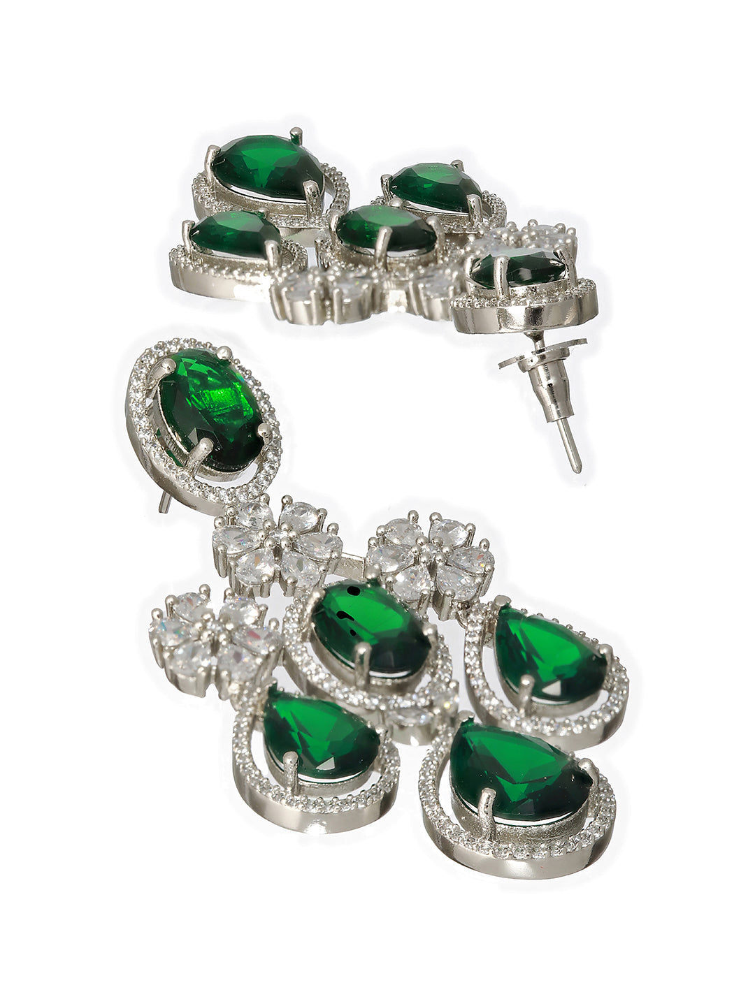Emerald Floral Drops American Diamond Silver-Plated Jewellery Set