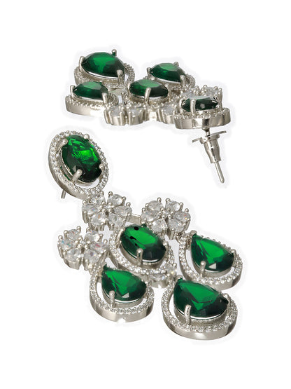 Emerald Floral Drops American Diamond Silver-Plated Jewellery Set