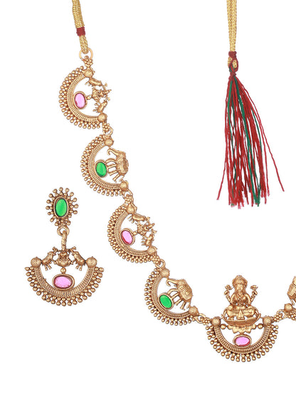 Priyaasi Multicolor Stone Ganesha Laxmi Coin Gold-Plated Jewellery Set