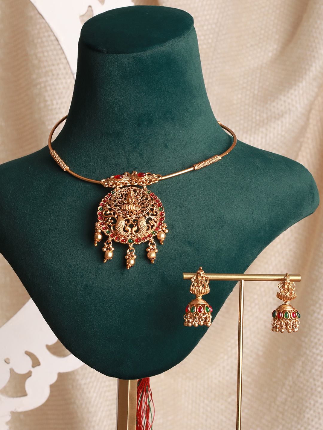 Priyaasi Goddess Laxmi Peacock Kemp Stone Gold-Plated Jewellery Set