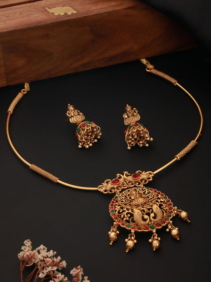 Priyaasi Goddess Laxmi Peacock Kemp Stone Gold-Plated Jewellery Set