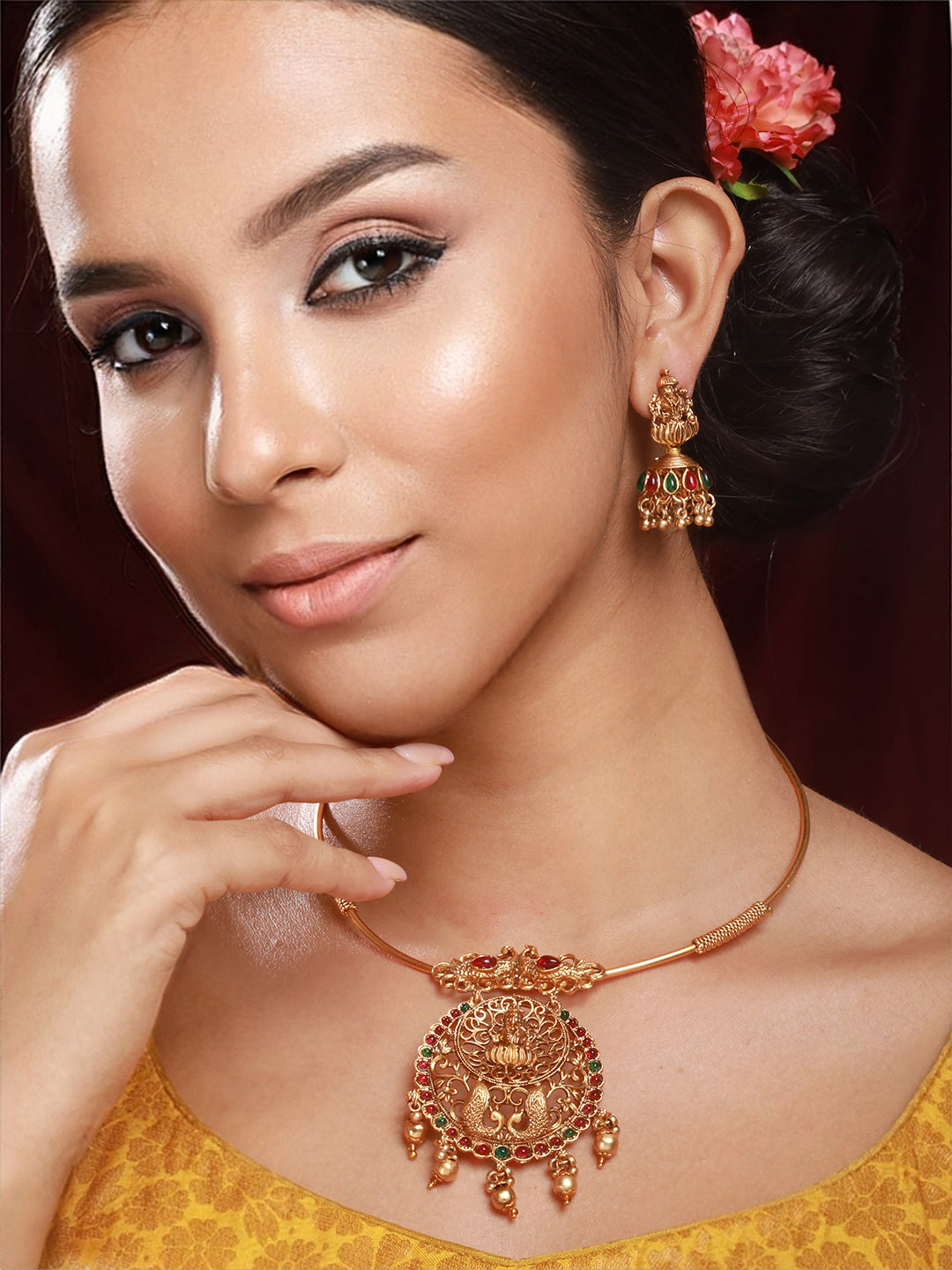 Priyaasi Goddess Laxmi Peacock Kemp Stone Gold-Plated Jewellery Set