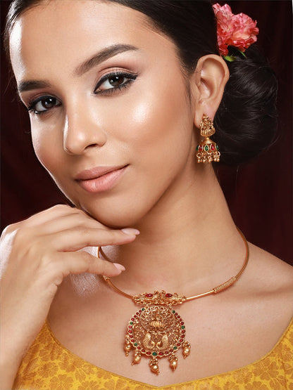 Priyaasi Goddess Laxmi Peacock Kemp Stone Gold-Plated Jewellery Set