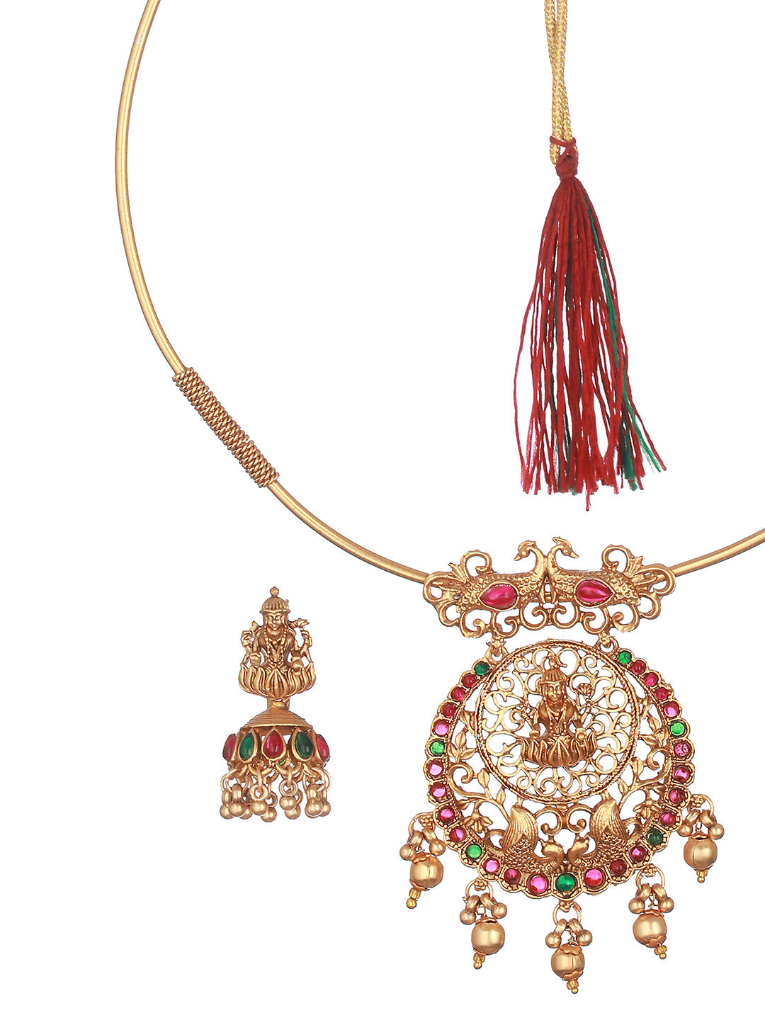 Priyaasi Goddess Laxmi Peacock Kemp Stone Gold-Plated Jewellery Set