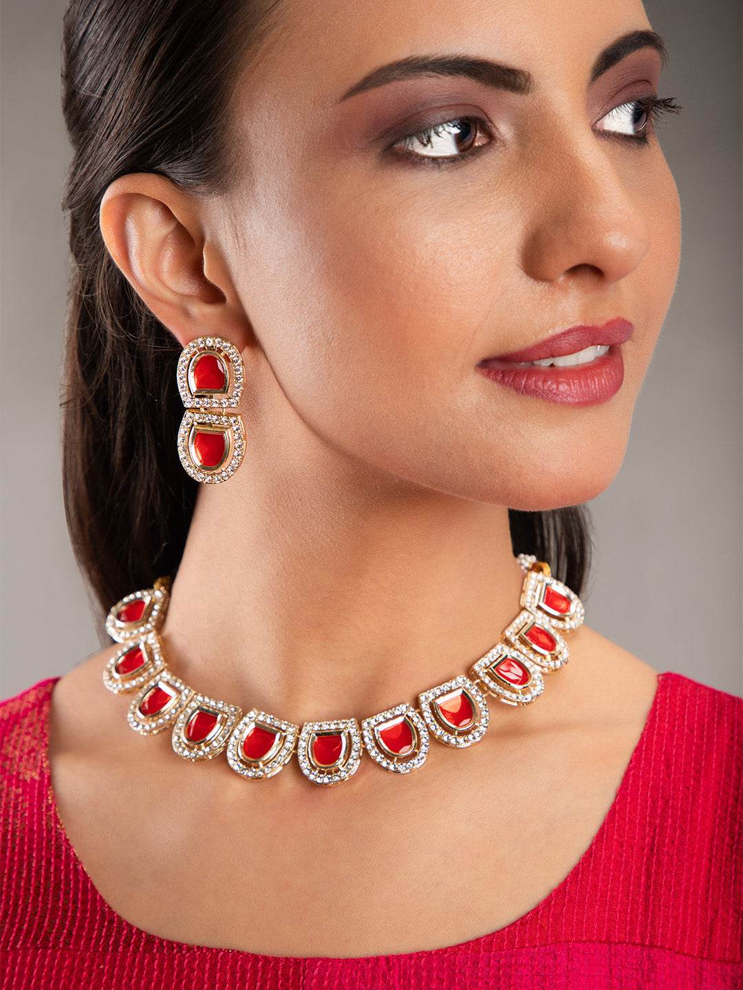 Priyaasi Red Stone Studded Gold Plated Jewellery Set