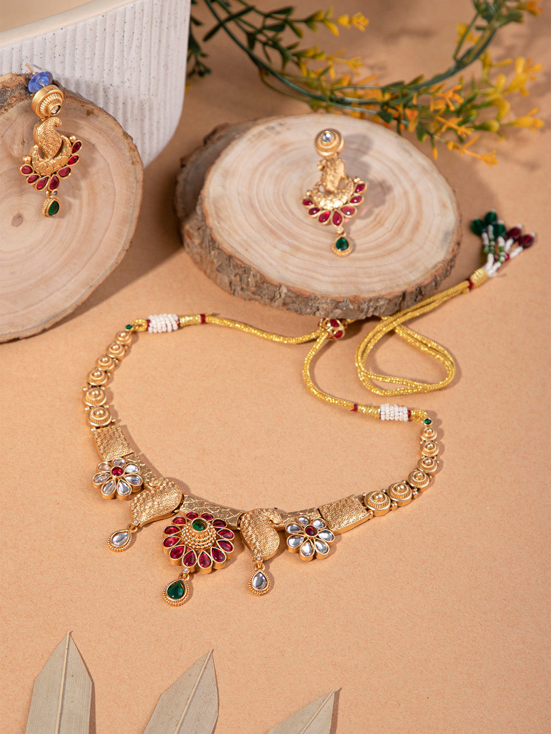 Priyaasi Ruby Flower Gold Plated Real Kemp Jewellery Set