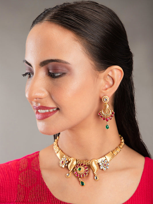 Priyaasi Ruby Flower Gold Plated Real Kemp Jewellery Set