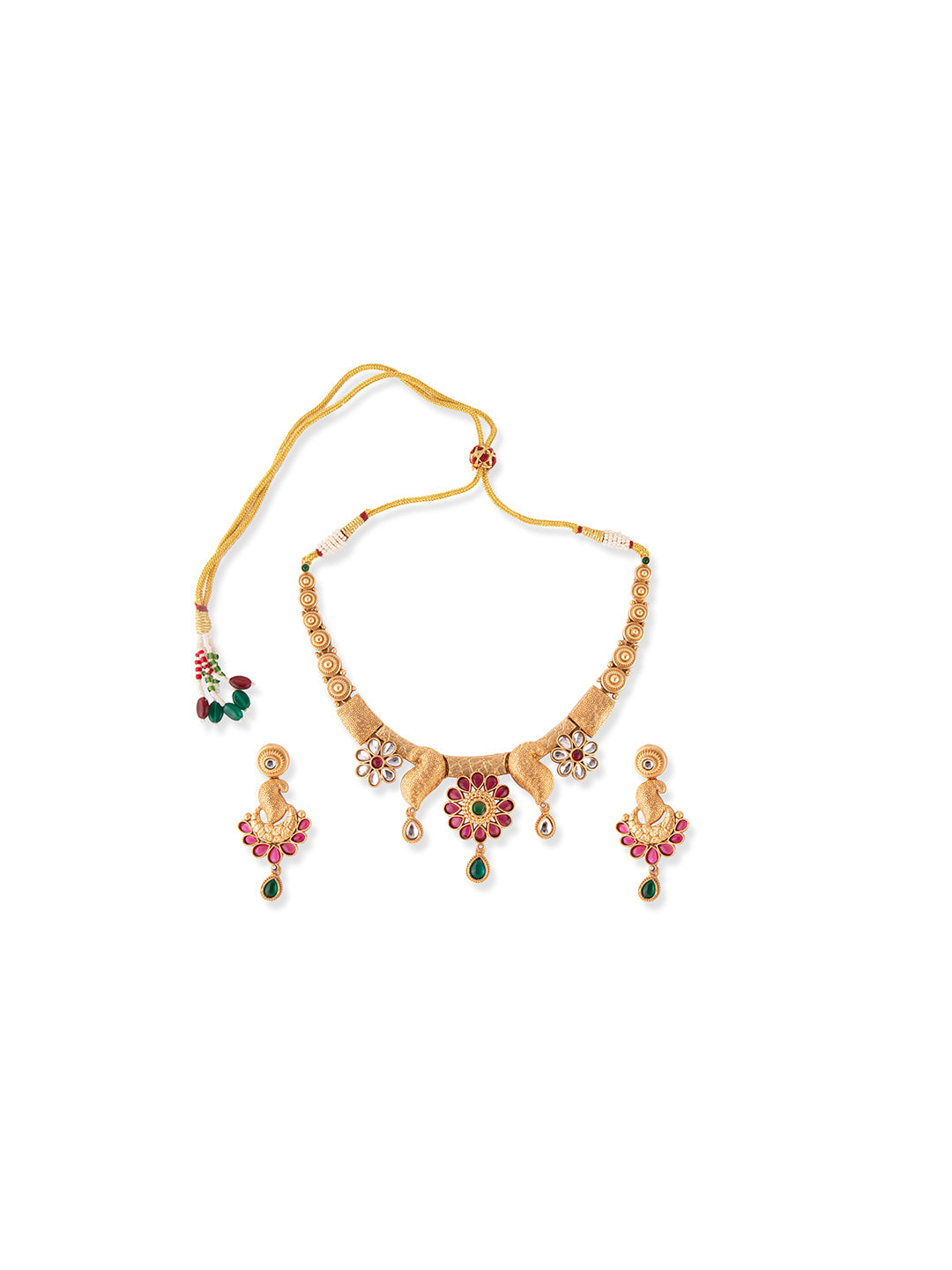 Priyaasi Ruby Flower Gold Plated Real Kemp Jewellery Set