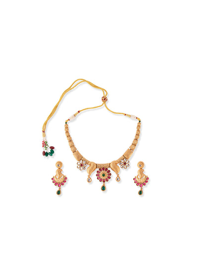 Priyaasi Ruby Flower Gold Plated Real Kemp Jewellery Set