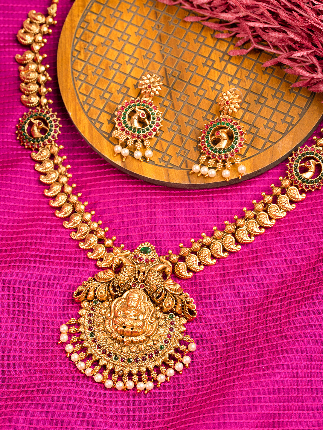 Priyaasi Gold Plated Real Kemp Stones Goddess Laxmi Temple Jewellery Set