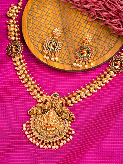 Priyaasi Gold Plated Real Kemp Stones Goddess Laxmi Temple Jewellery Set