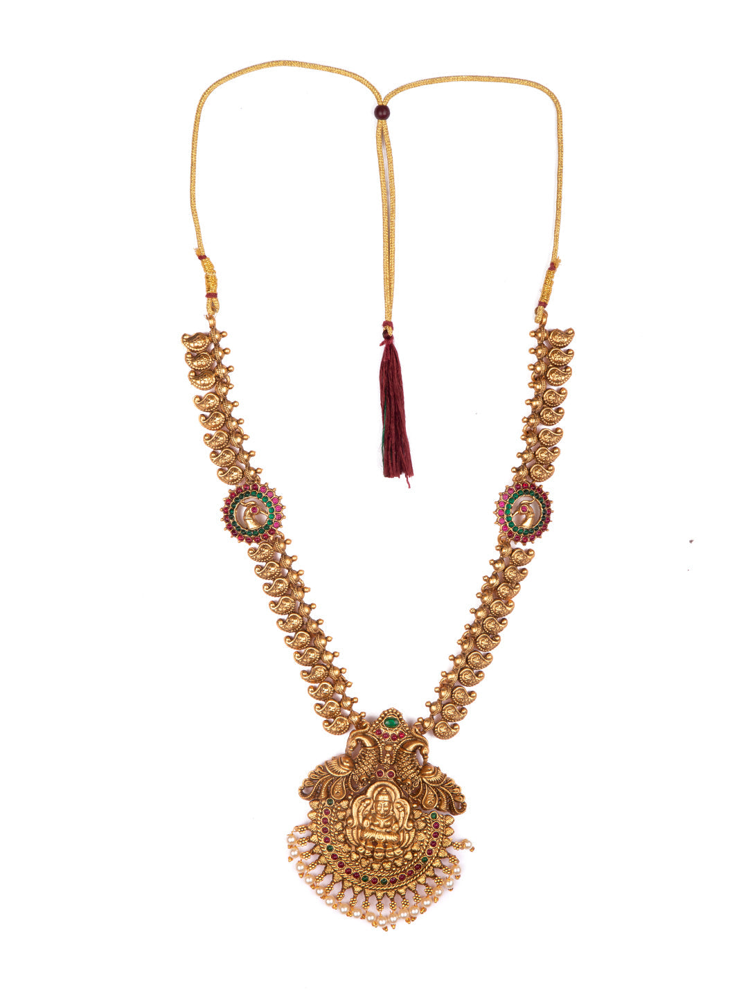 Priyaasi Gold Plated Real Kemp Stones Goddess Laxmi Temple Jewellery Set