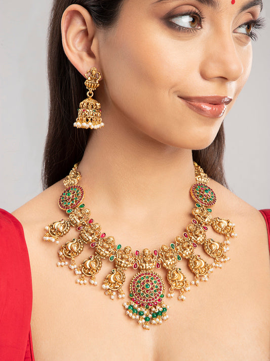 Priyaasi Goddess Laxmi Gold Plated Real Kemp Jewellery Set