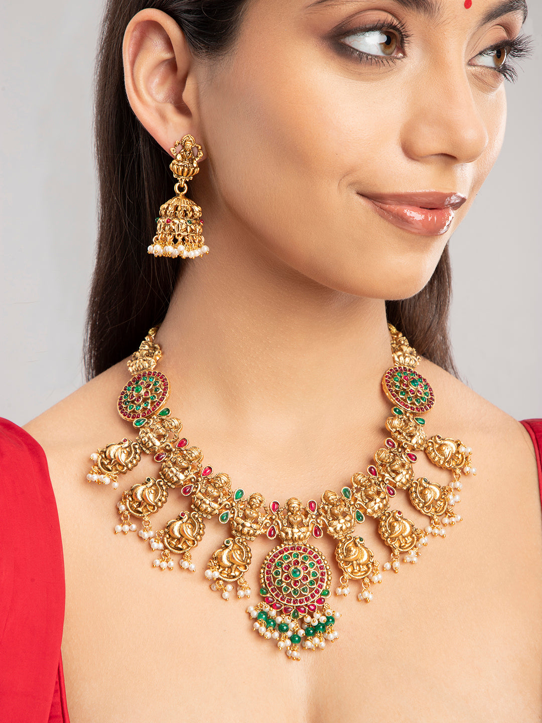 Priyaasi Goddess Laxmi Gold Plated Real Kemp Jewellery Set