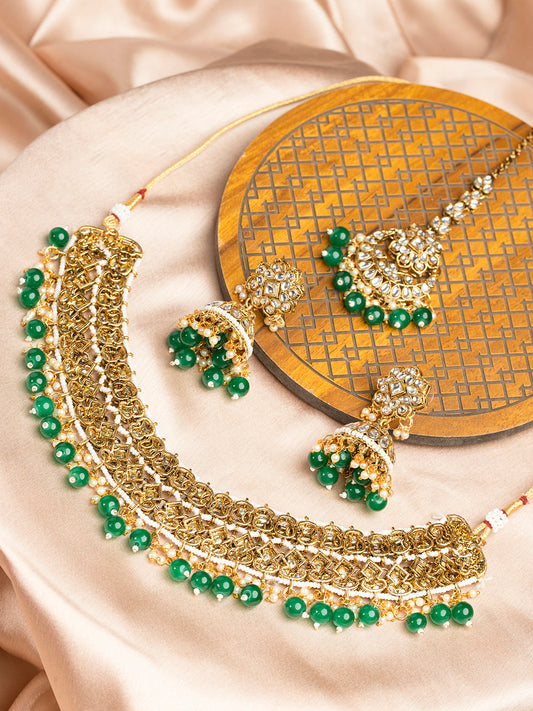 Priyaasi Gold Plated Green Beaded Kundan Jewellery Set with Maangtika